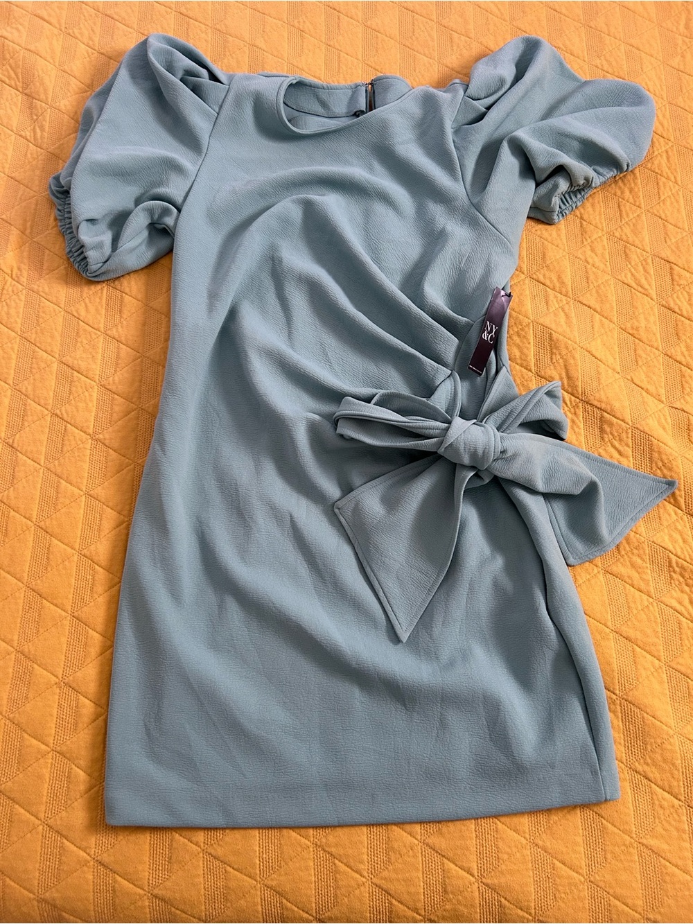 New York & Company Puff Sleeve Tie Waist Mini Dress – Light Blue XL